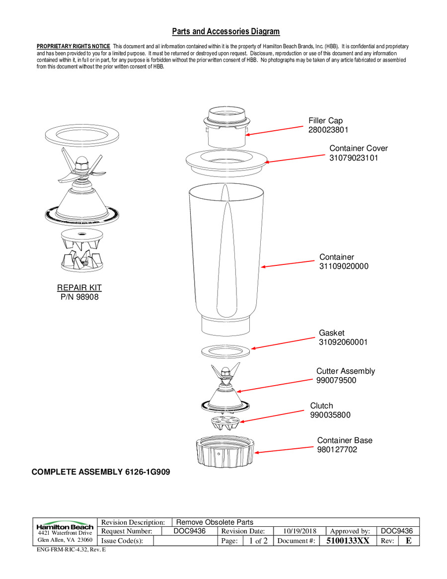 Hamilton Beach 1G909CCC - Yedek Parça Şeması