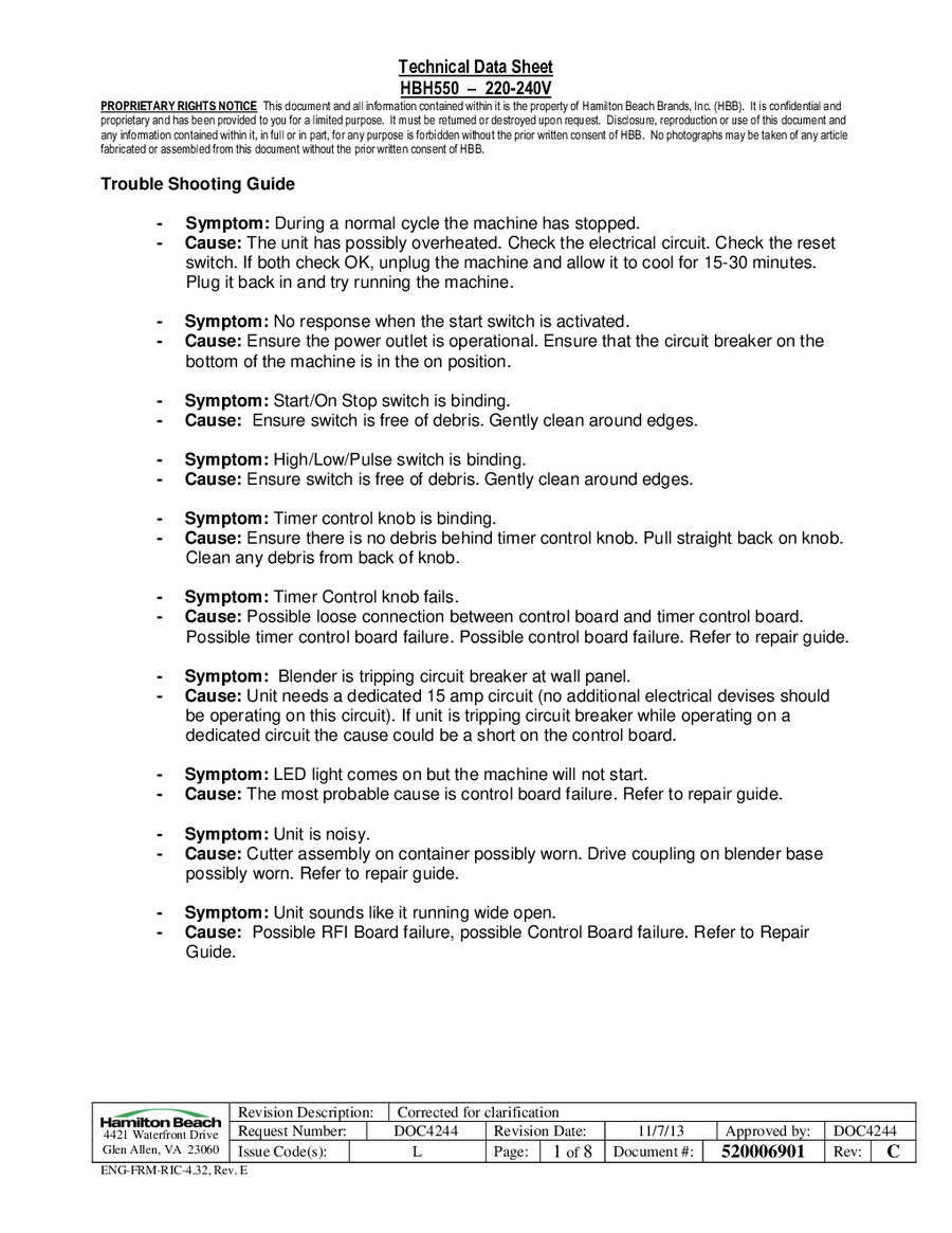 Hamilton Beach HBH550-UK - Technical Data Sheet