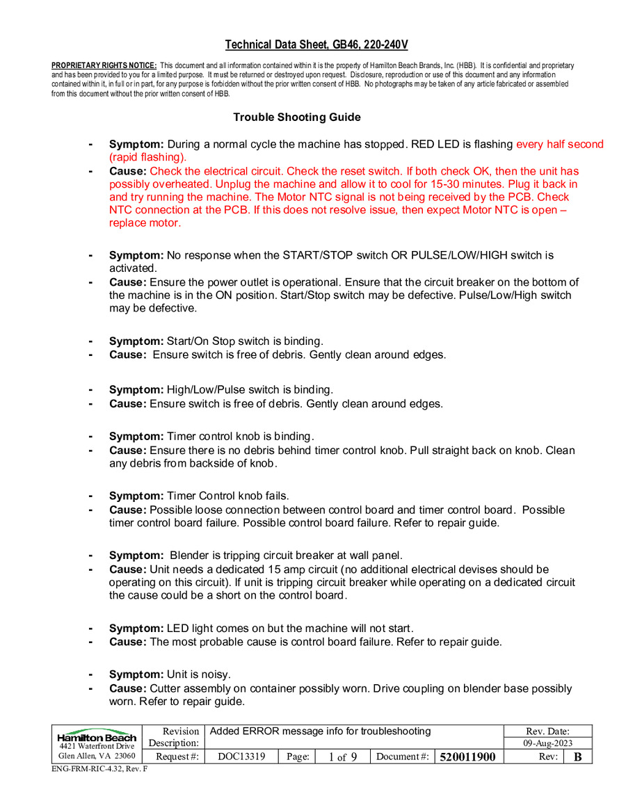 Hamilton Beach HBH550T-UK - Technical Data Sheet