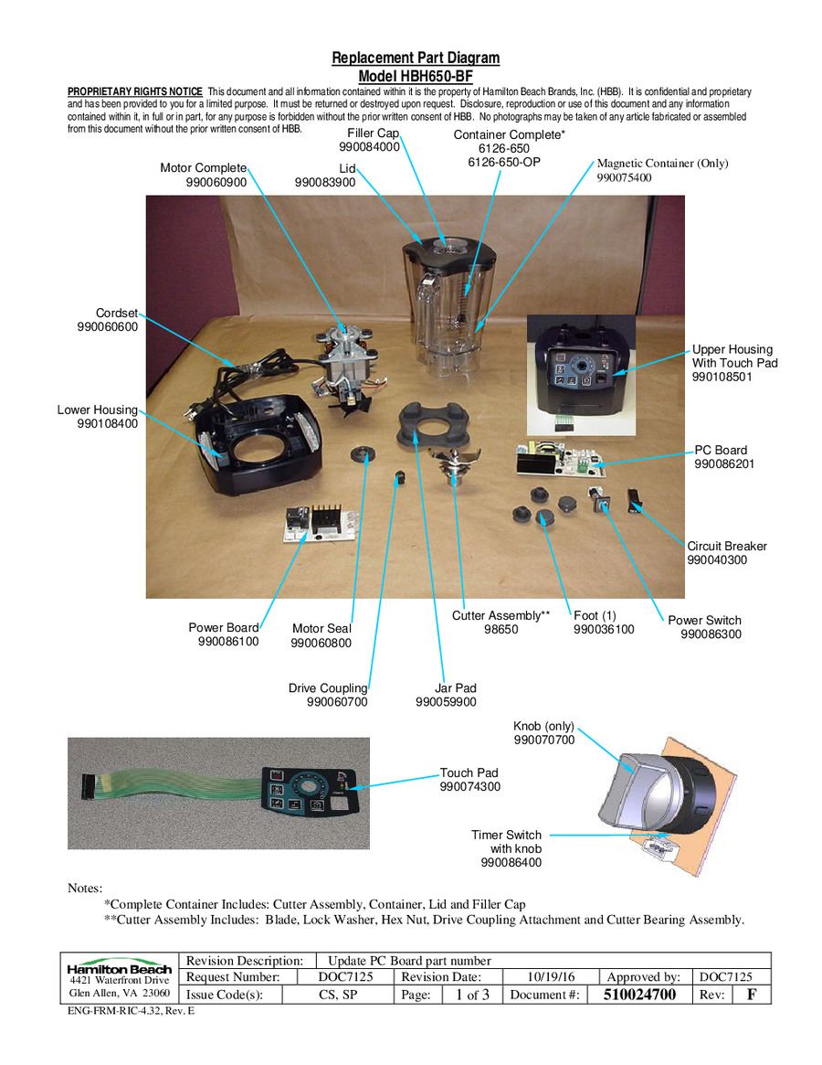Hamilton Beach HBH650-BF - Replacement Parts Diagram