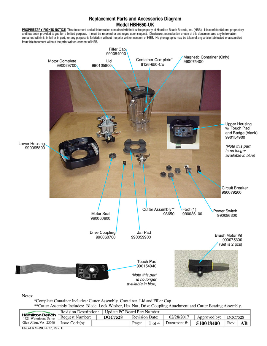 Hamilton Beach HBH650-UK - Replacement Parts Diagram