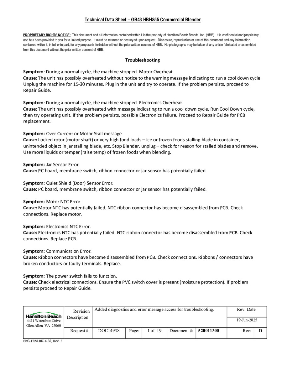 Hamilton Beach HBH855T-WA - ورقة البيانات الفنية